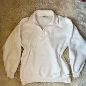 Aritzia TNA Cozy Sweatfleece Boyfriend Polo quarter button white sweatshirt